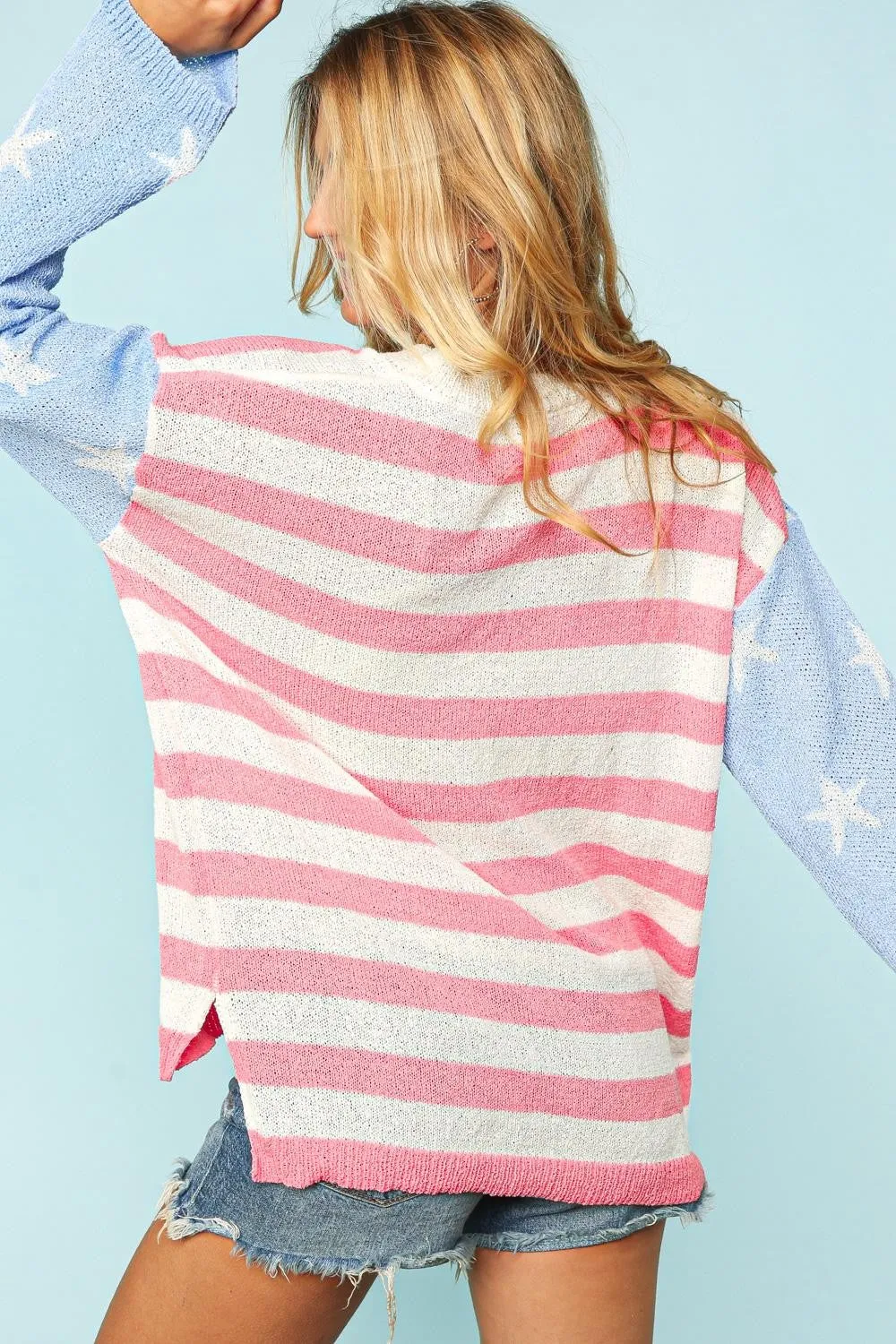 Haptics Stars & Stripe Long Sleeve High Low Oversized Top