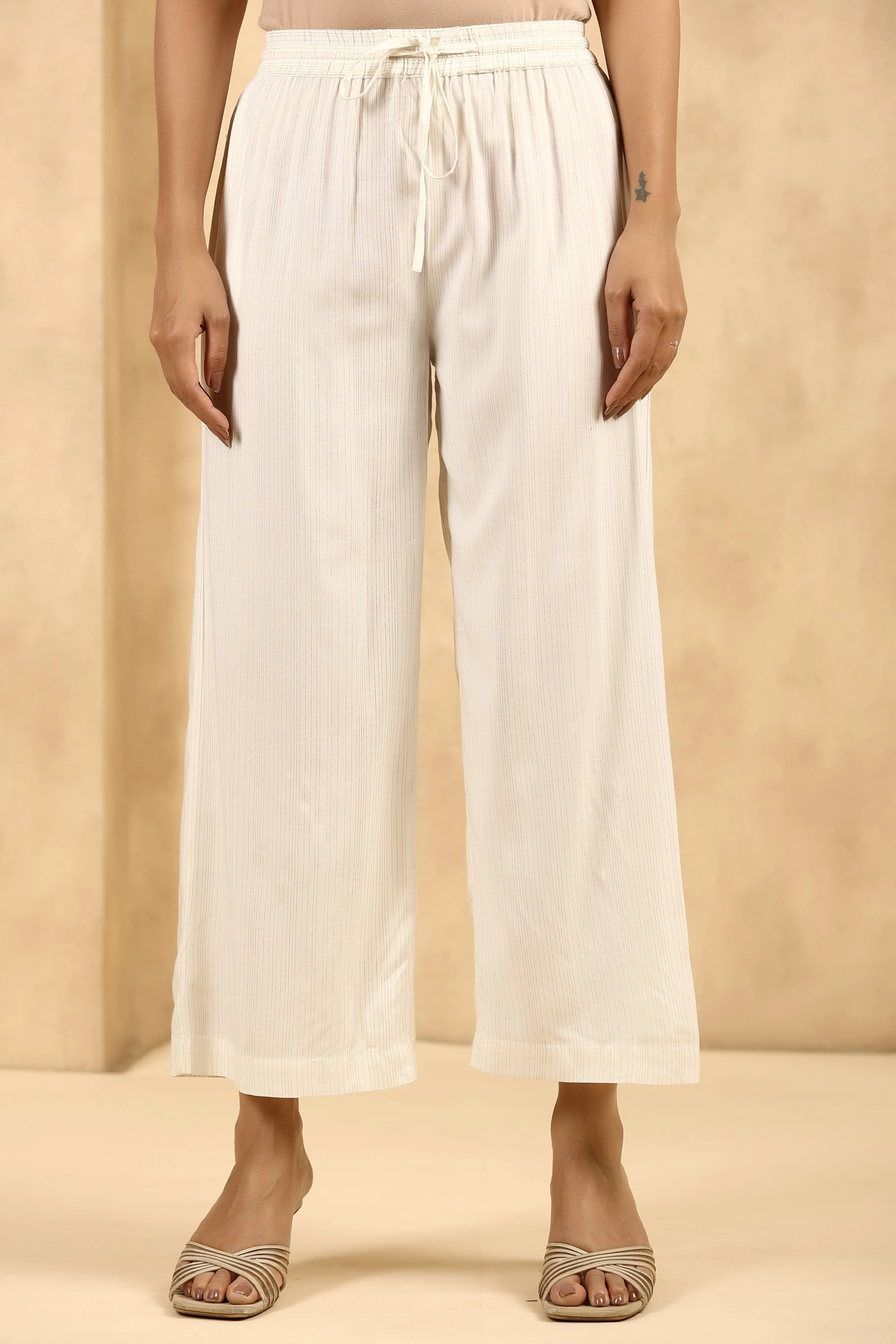 Juniper Off-White Rayon Solid Wide Leg Palazzo With drawstring and elasticated waistband