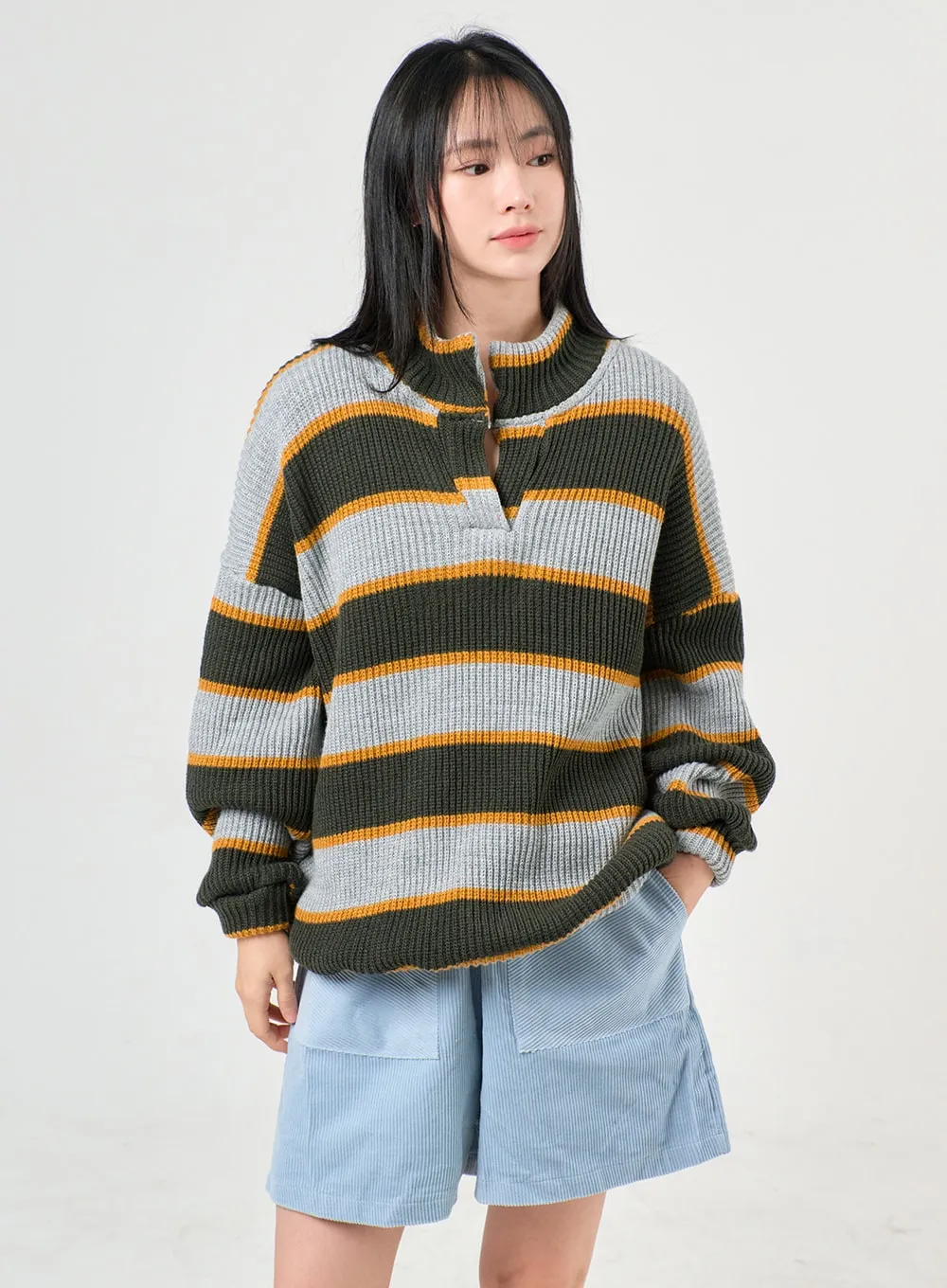 Knit High Neck Striped Button Long Sleeve Top OF405