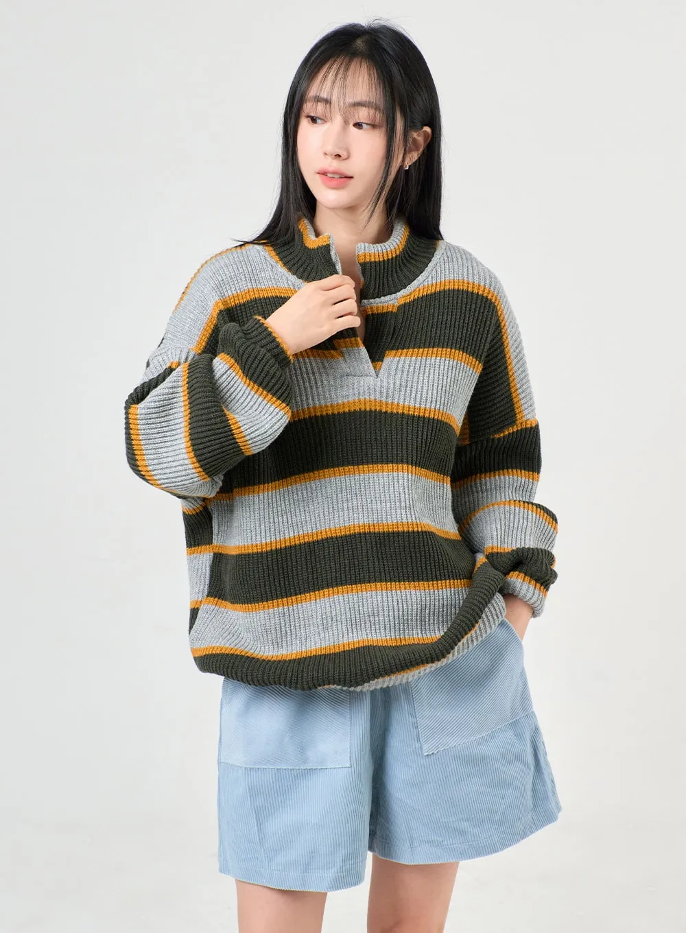 Knit High Neck Striped Button Long Sleeve Top OF405