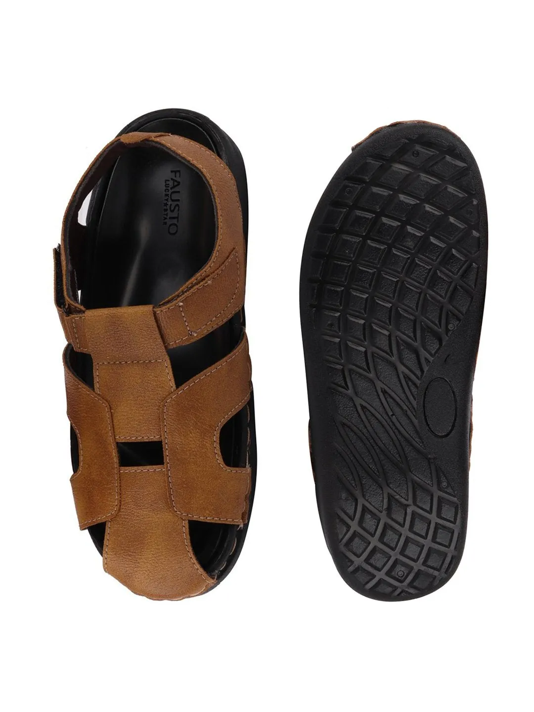 Men Tan Casual Hook & Loop Fishermen Sandals