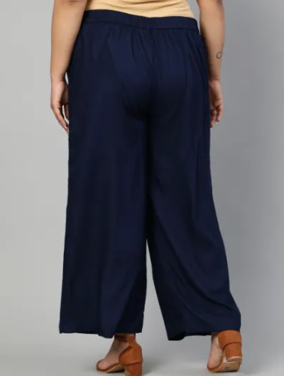 Navy Blue Plus size Women Cotton Wide Leg Palazzos