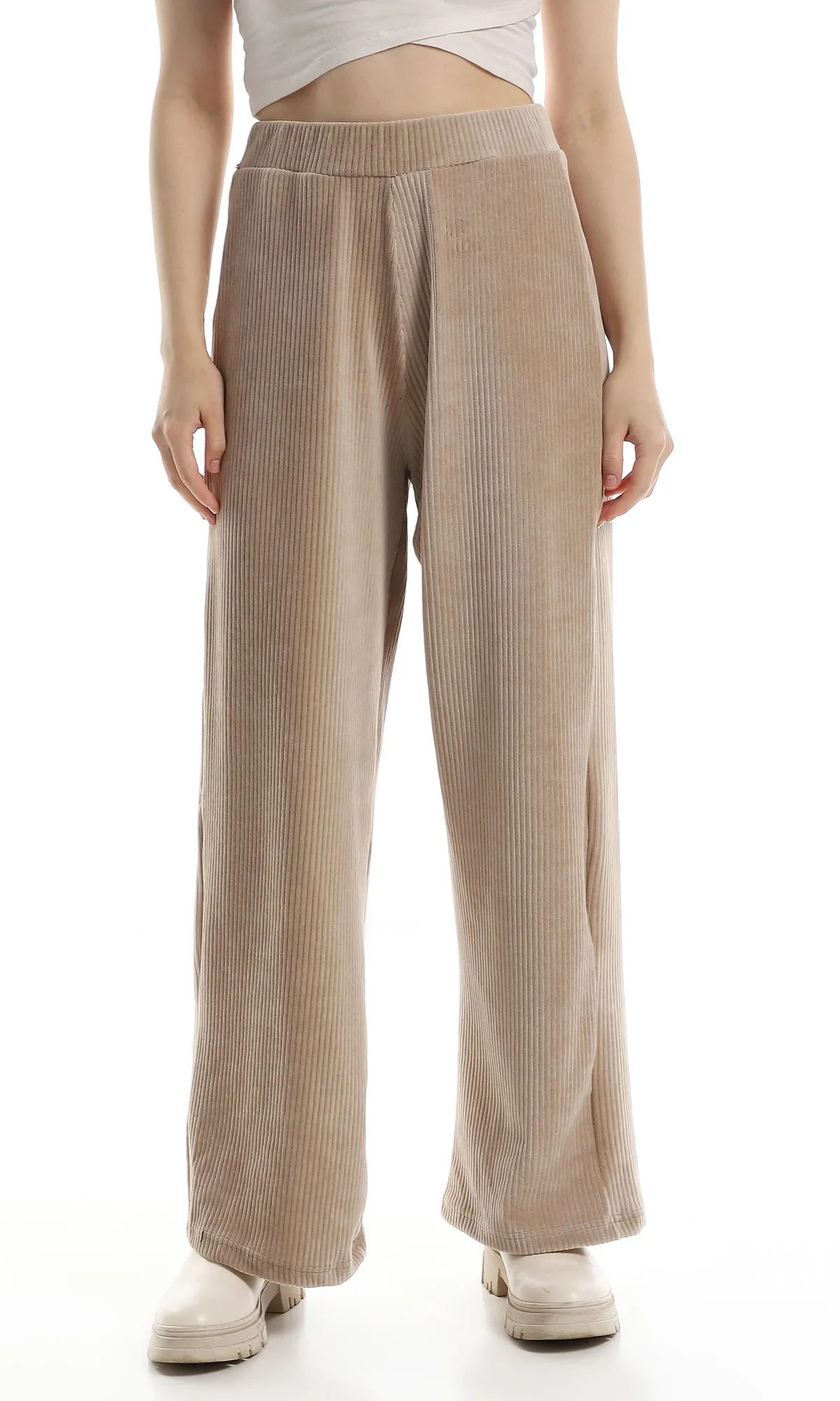 O162655 Ribbed Velvet Elastic Waist Pants - Beige