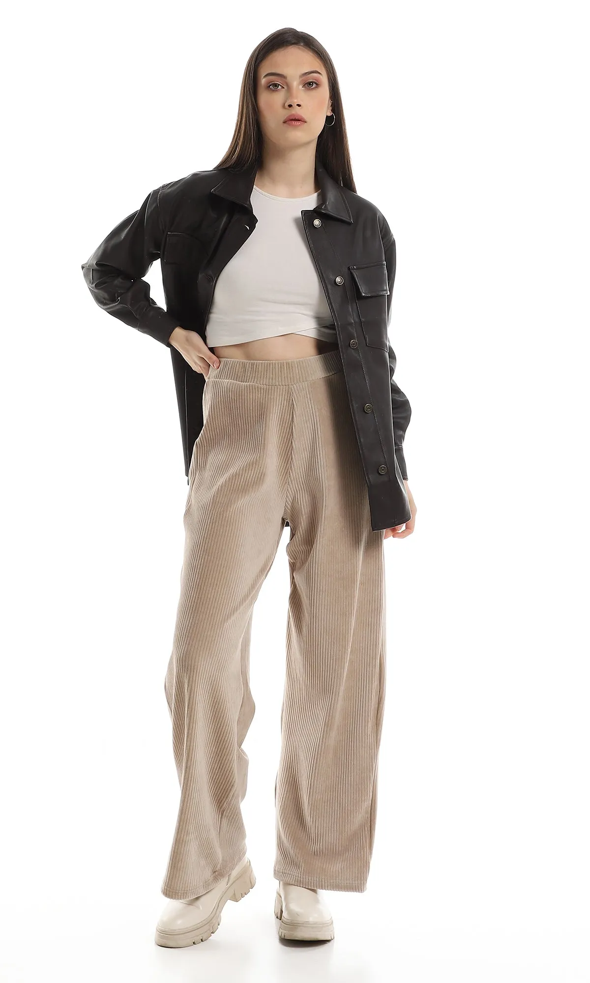 O162655 Ribbed Velvet Elastic Waist Pants - Beige