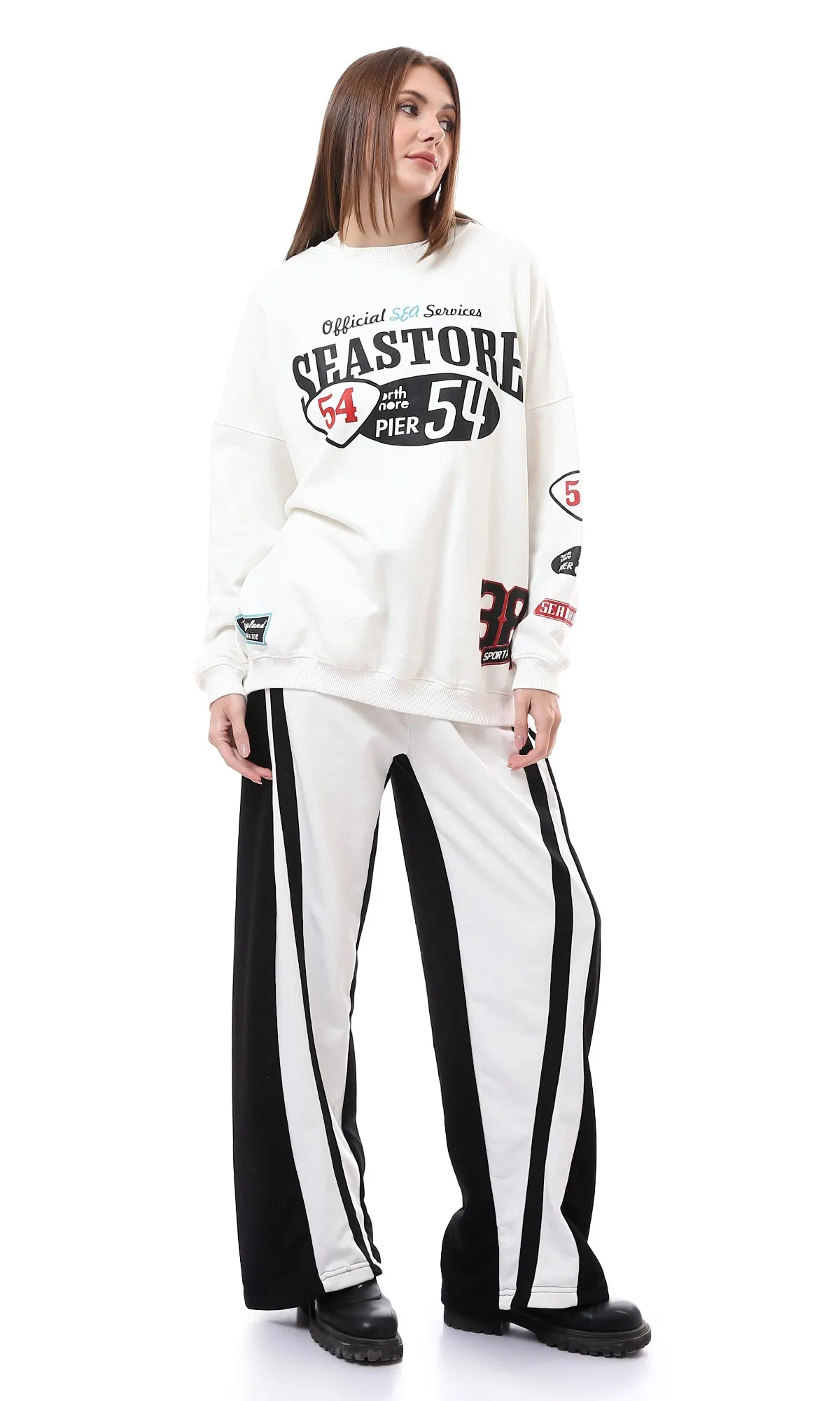 O175759 Elastic Waist With Drawstring White & Black Pants