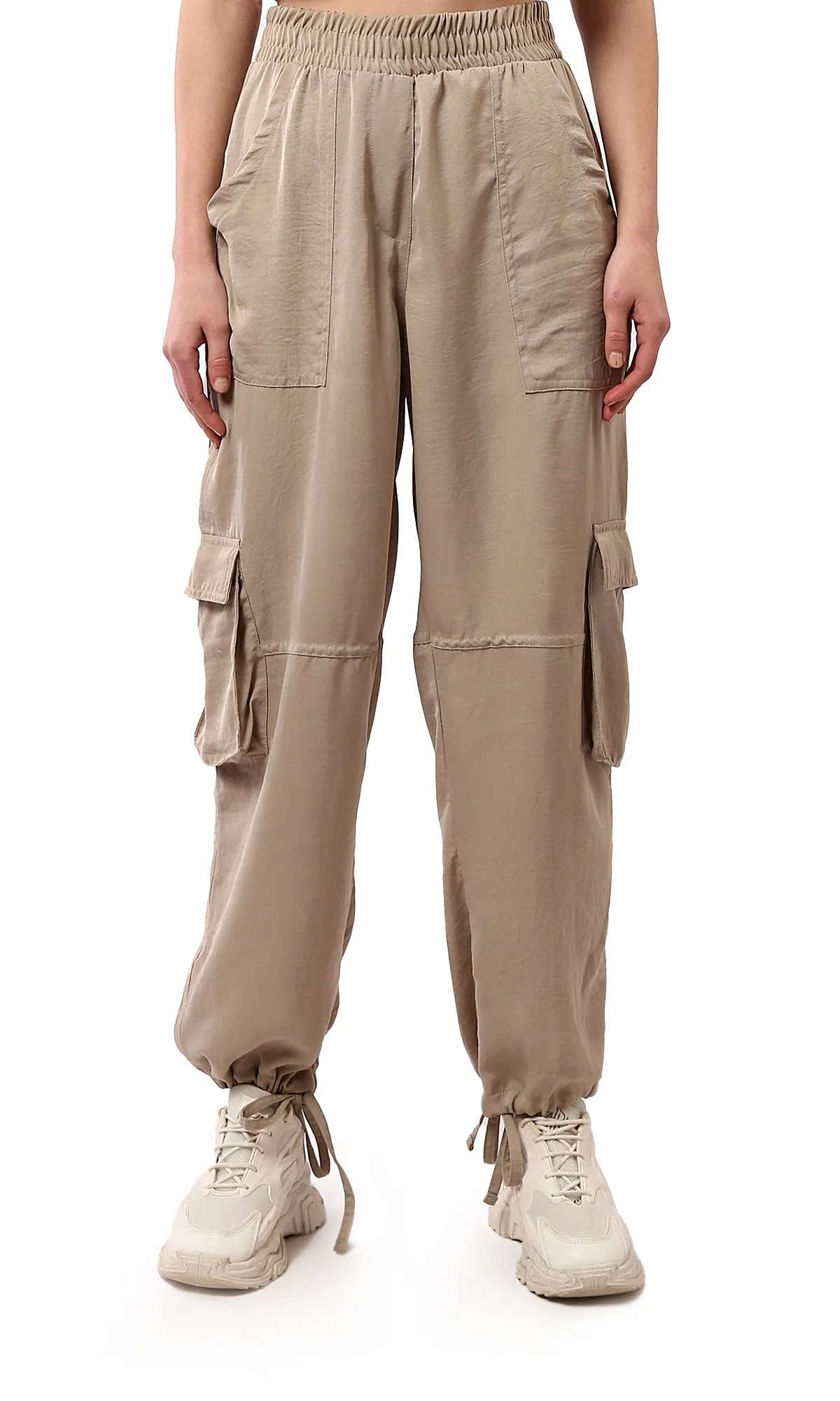 O179137 Wide Elastic Waist Dark Beige Jogger Pants