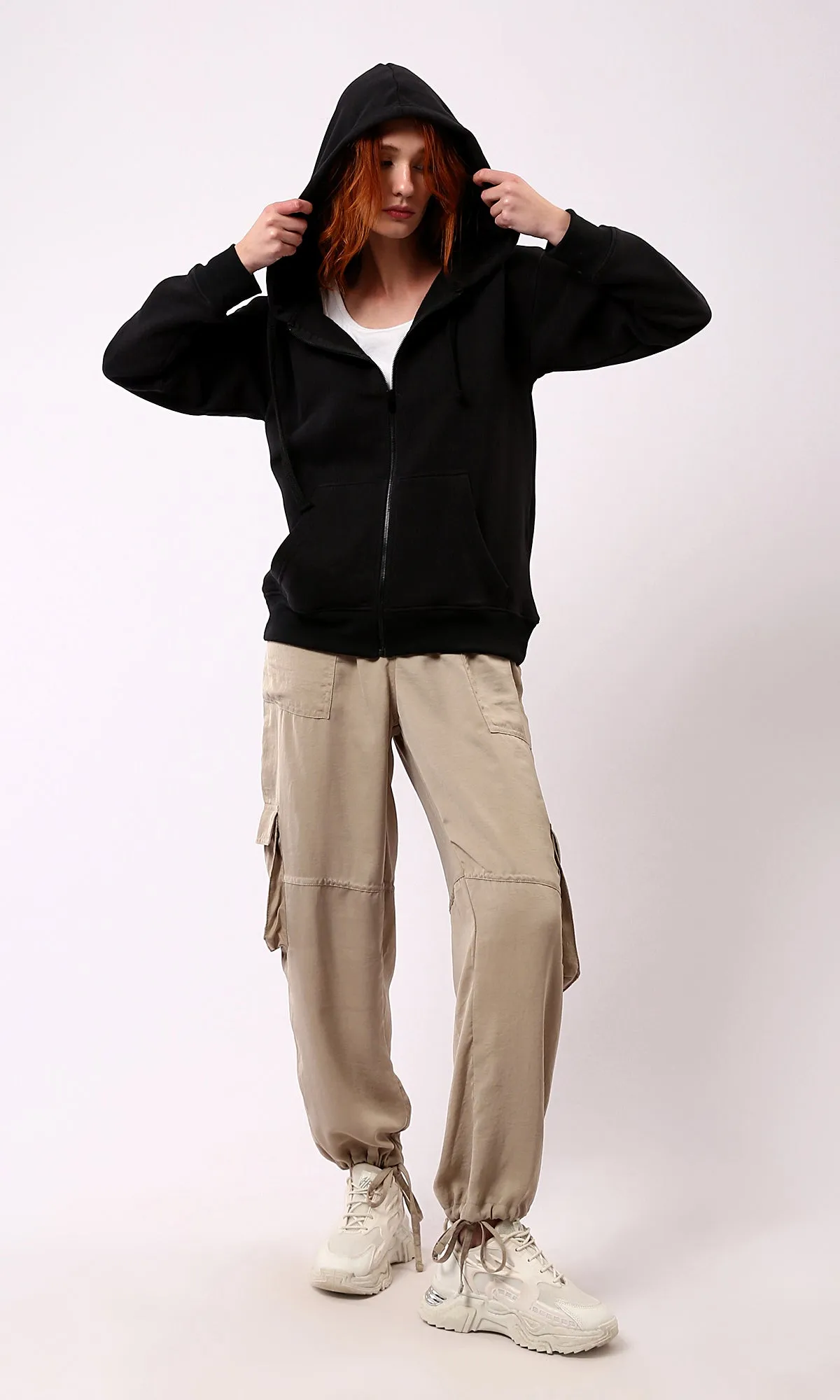 O179137 Wide Elastic Waist Dark Beige Jogger Pants