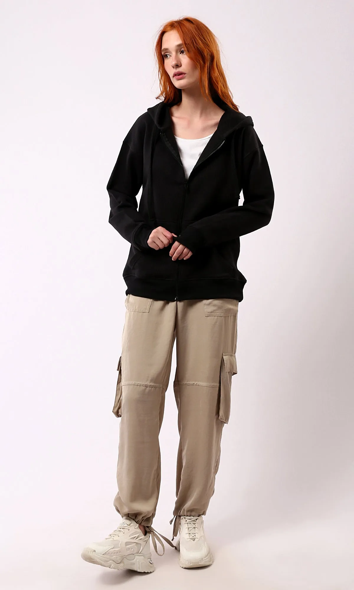 O179137 Wide Elastic Waist Dark Beige Jogger Pants