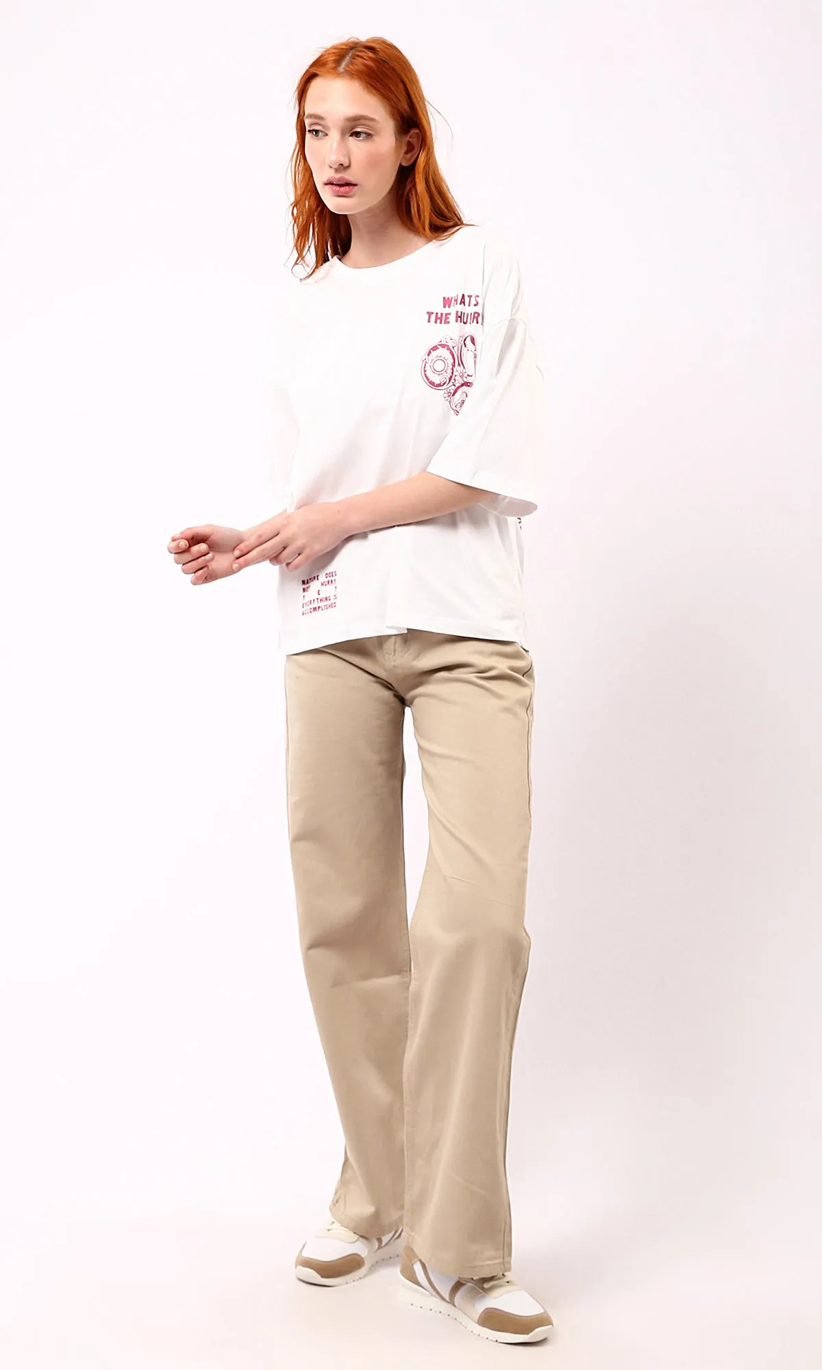 O189385 Beige Wide-Leg Casual Jeans With Pockets