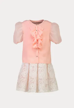 Organza Ruffle Puff Blouse And Pleated Lace Skirts Set