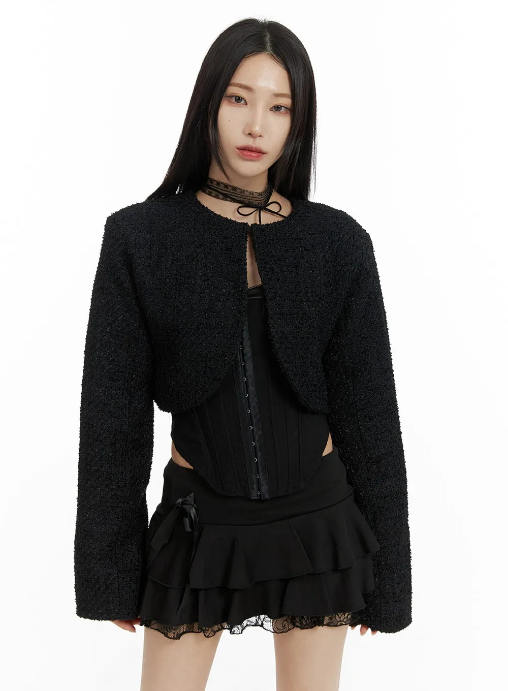 Round Neck Tweed Crop Jacket CF429