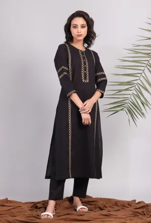 Set of 2: Black Kantha Embroidered Kurta with Solid Black Narrow Pants