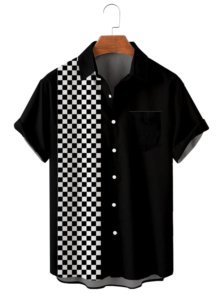 Short Sleeve Lapel Shirt Large Size Stitching grid 3D Printed Shirt with Pockets