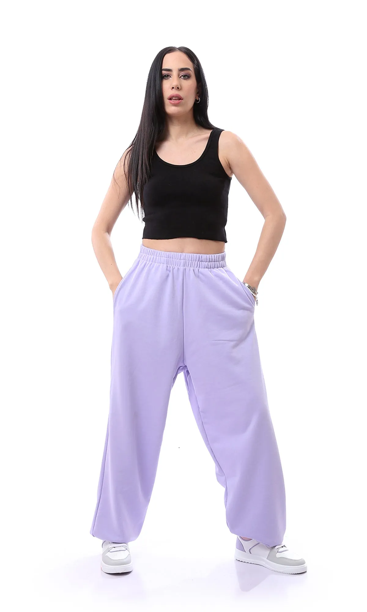 O165862 Elastic Waist Solid Lavender Sweatpants With Hem