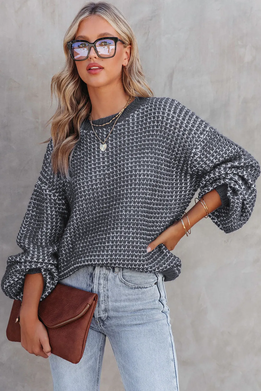 Threaded Pear Marley Heather Knit Drop Shoulder Puff Sleeve Sweater