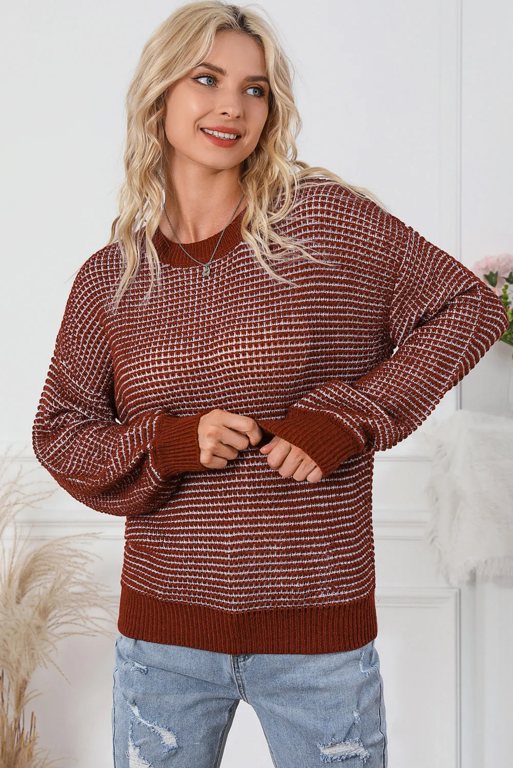 Threaded Pear Marley Heather Knit Drop Shoulder Puff Sleeve Sweater