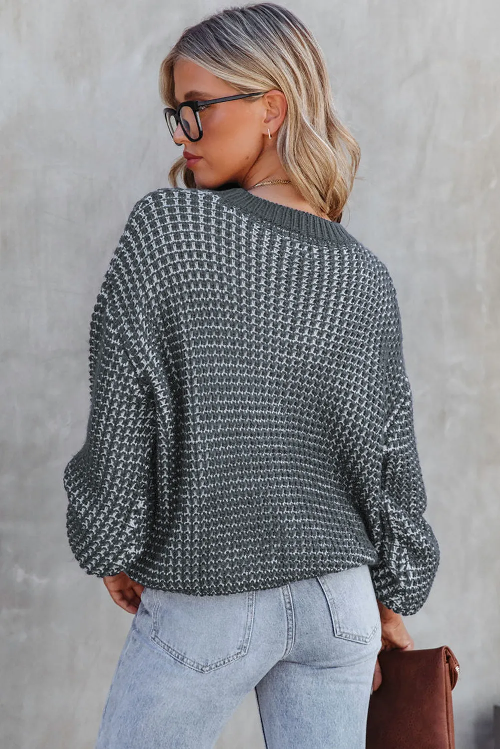 Threaded Pear Marley Heather Knit Drop Shoulder Puff Sleeve Sweater