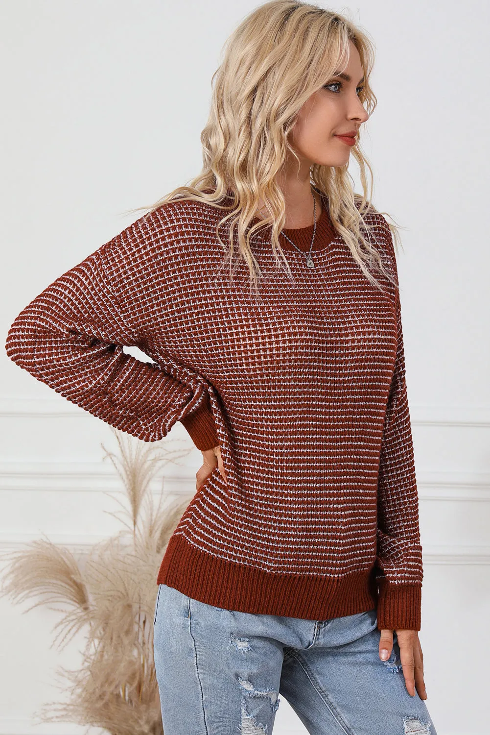 Threaded Pear Marley Heather Knit Drop Shoulder Puff Sleeve Sweater