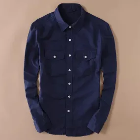 Trybuy Navy Blue Cotton Linen Double Pocket Button-Up Shirt For Men