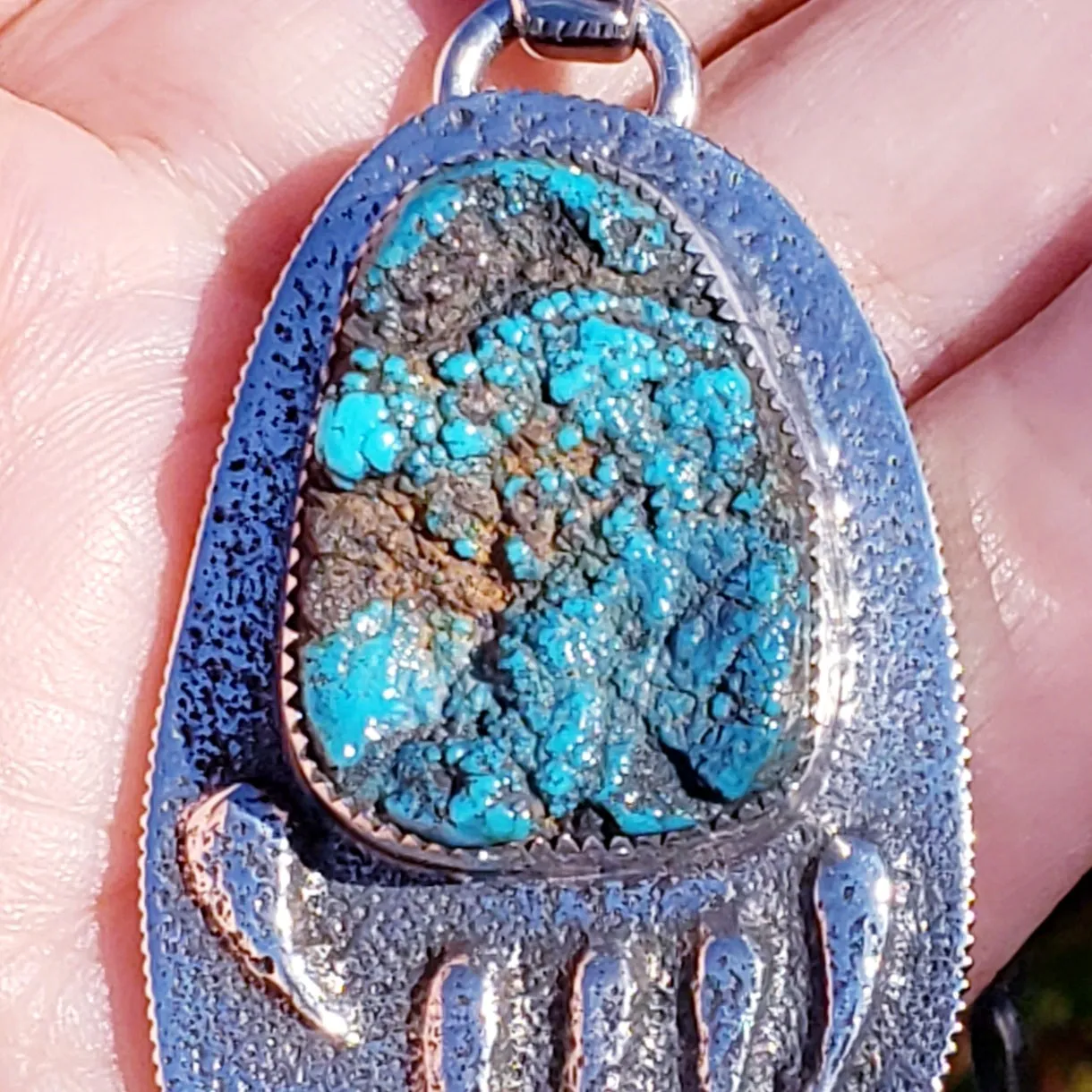 Tufa Cast Bear Track Pendant with Morenci Turquoise Nugget