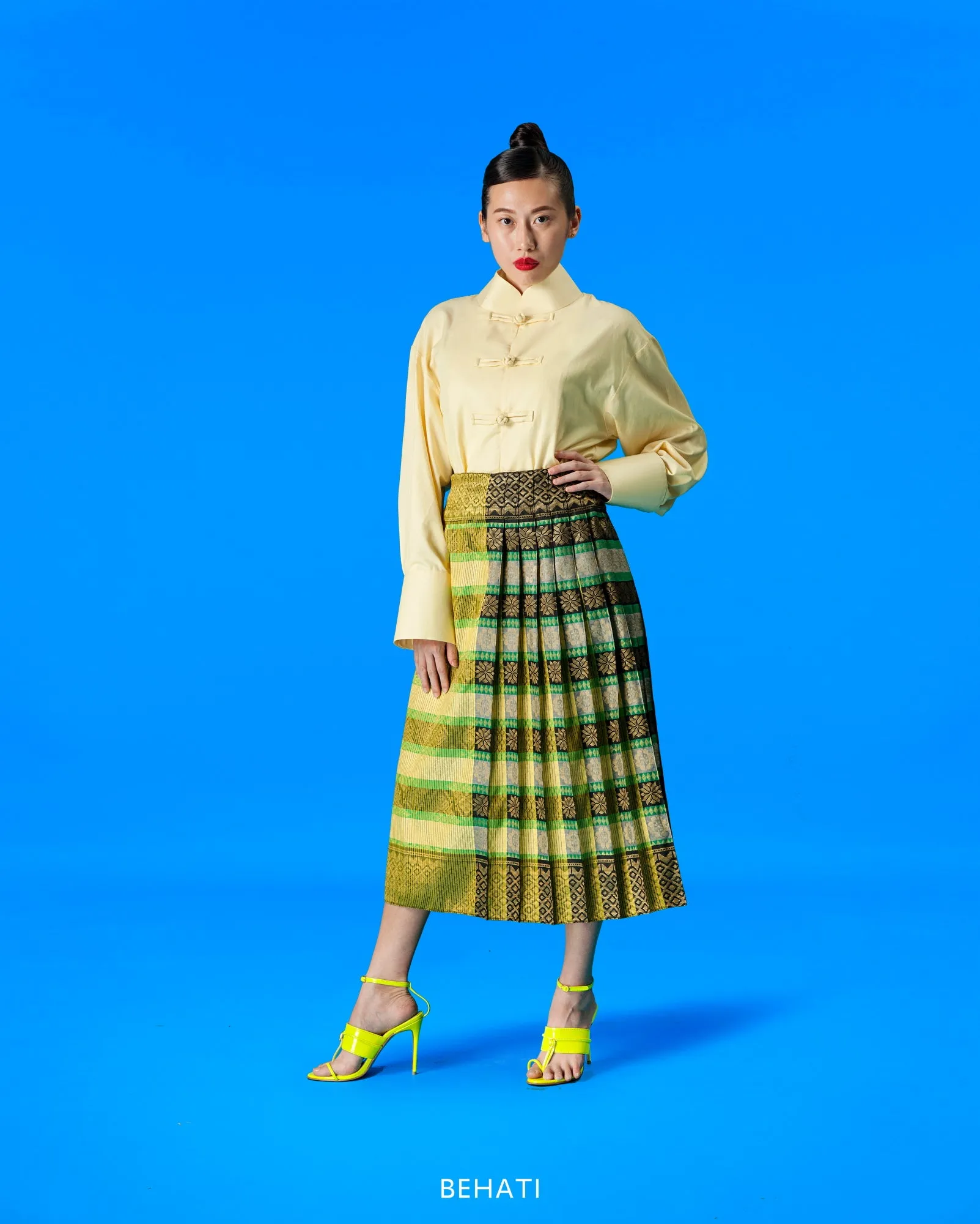 Upcycled Kipas Songket Skirt (yellow green)