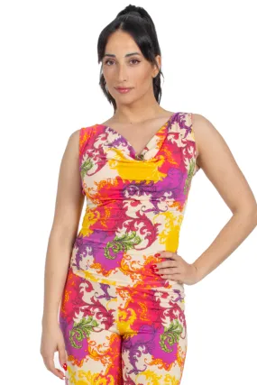 Vibrant Print Top With Draped Neck