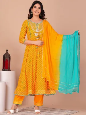 Women Bandhani Printed Regular Kurta With Palazzos & Dupatta