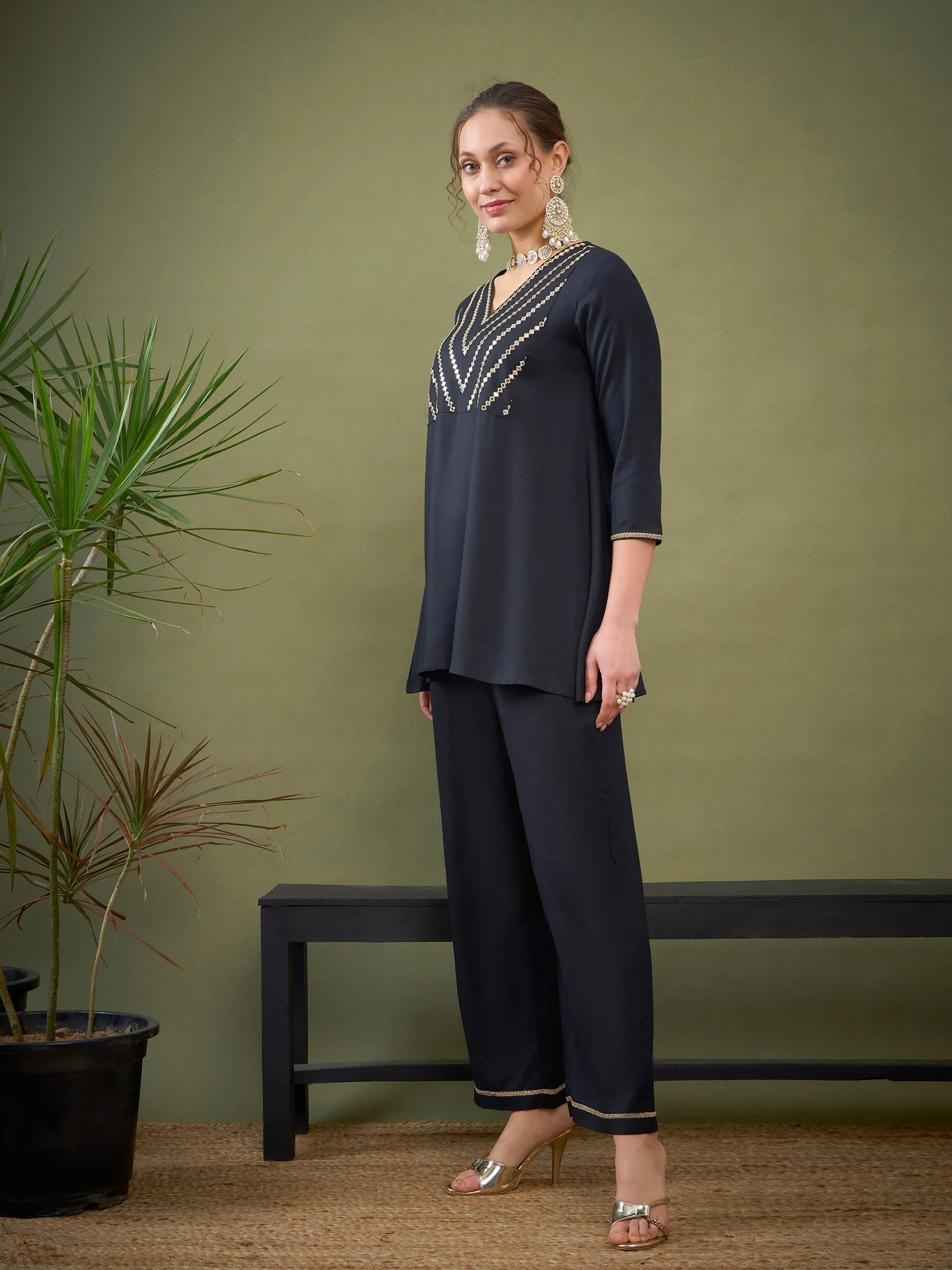 Women Black Embroidered A Line Top With Palazzos