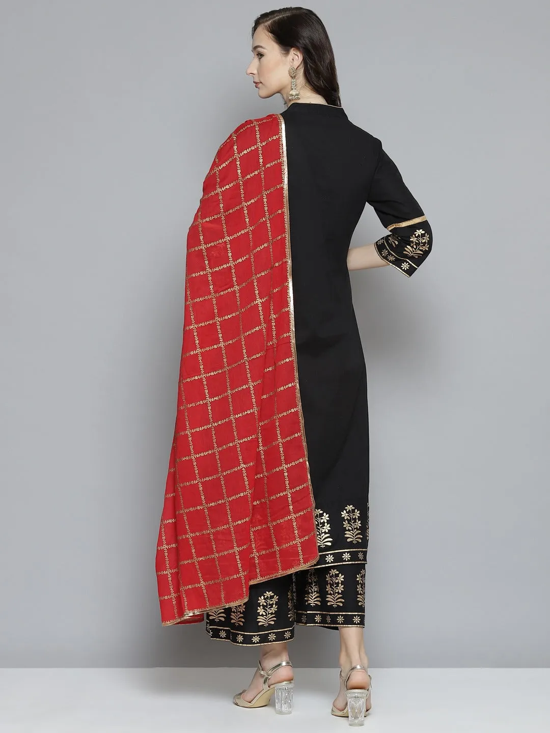 Women Black Floral Regular Kurta with Palazzos & With Dupatta