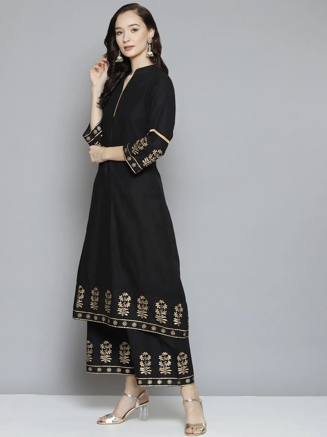 Women Black Floral Regular Kurta with Palazzos & With Dupatta