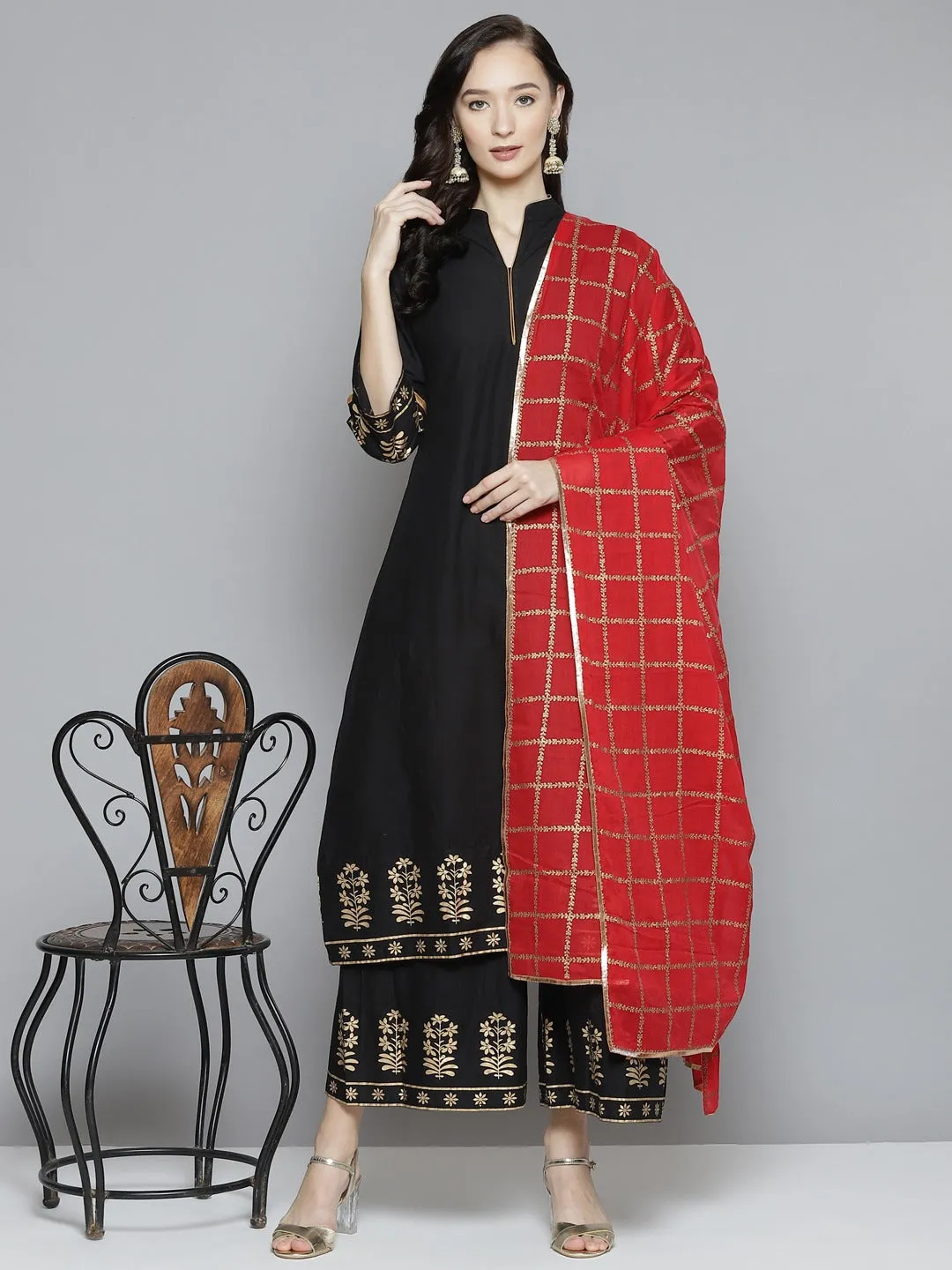 Women Black Floral Regular Kurta with Palazzos & With Dupatta