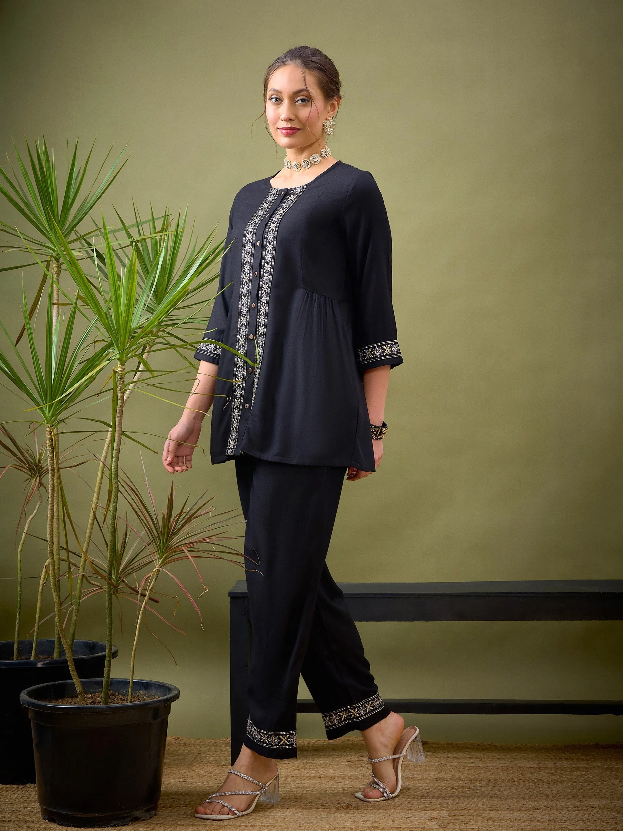 Women Black Front Embroidered Shirt With Palazzos