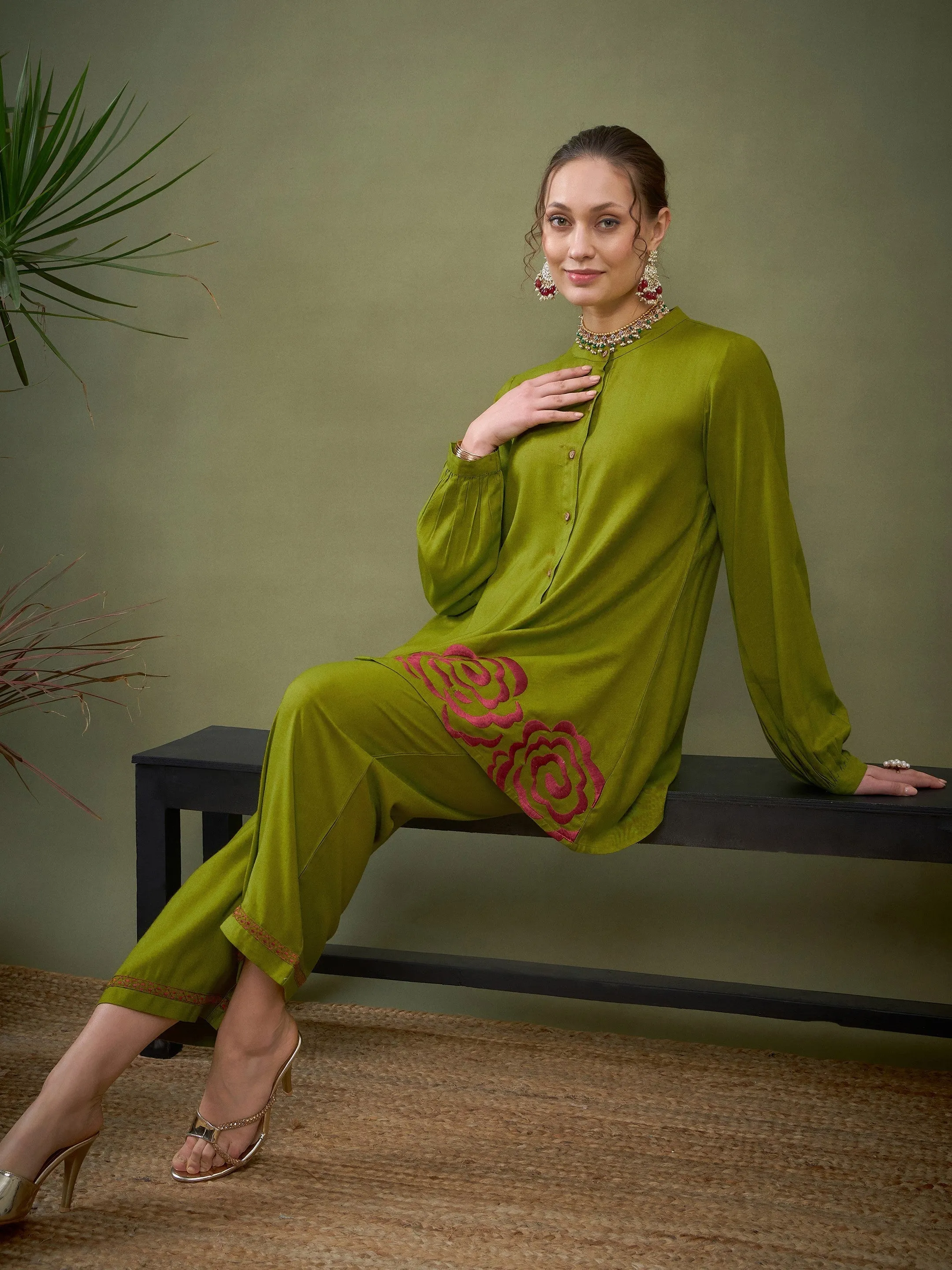 Women Green Hem Embroidered Shirt With Palazzos