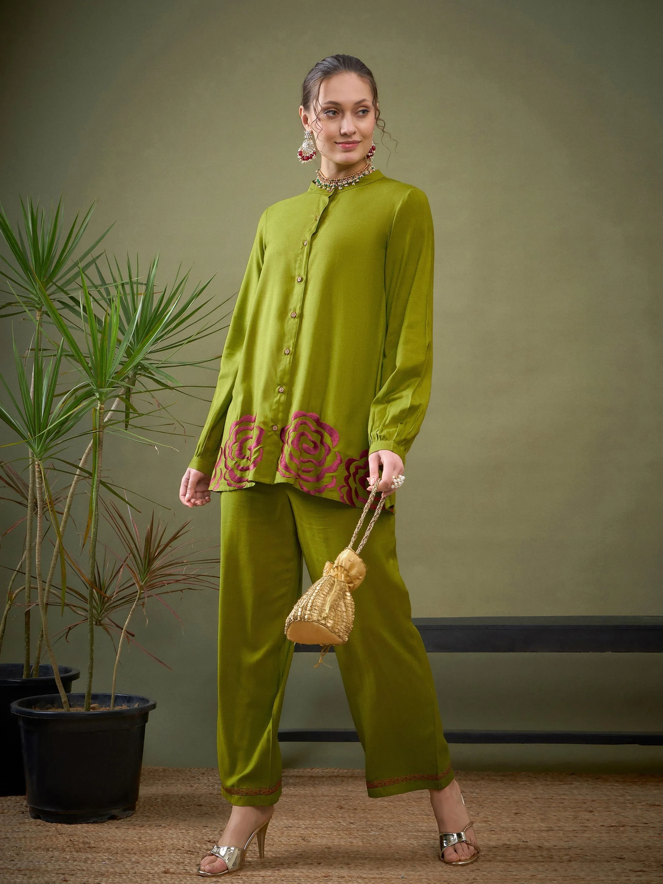 Women Green Hem Embroidered Shirt With Palazzos