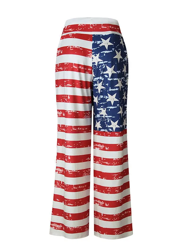 Women Wide Leg High American Flag Print Trousers