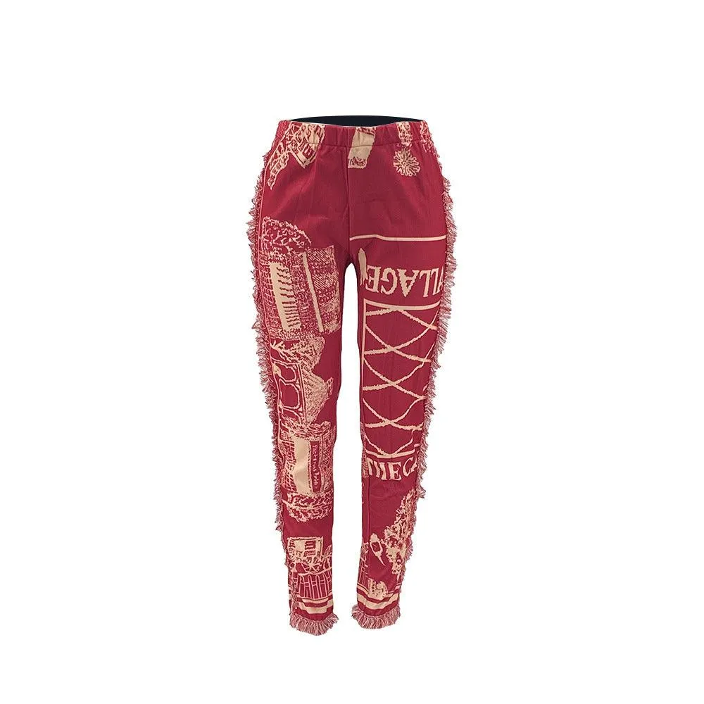 Women's Colorful Fringed Flannel Pants- Red