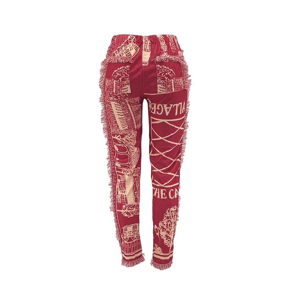 Women's Colorful Fringed Flannel Pants- Red