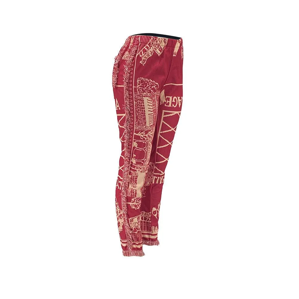 Women's Colorful Fringed Flannel Pants- Red